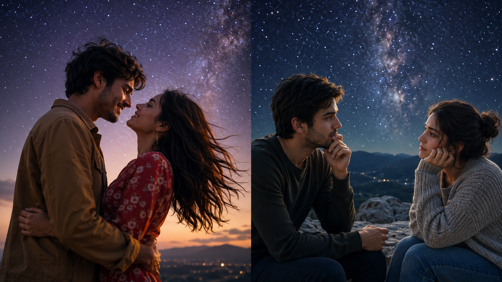 Two couples under a dreamy starry sky representing zodiac signs that fall in love quickly and those that prefer to build relationships slowly.