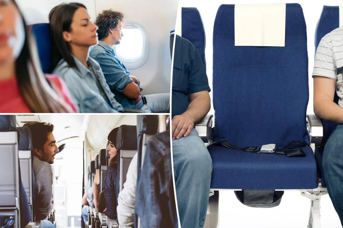 Married couple sitting in different airplane seats and enjoying their own activities during a flight.