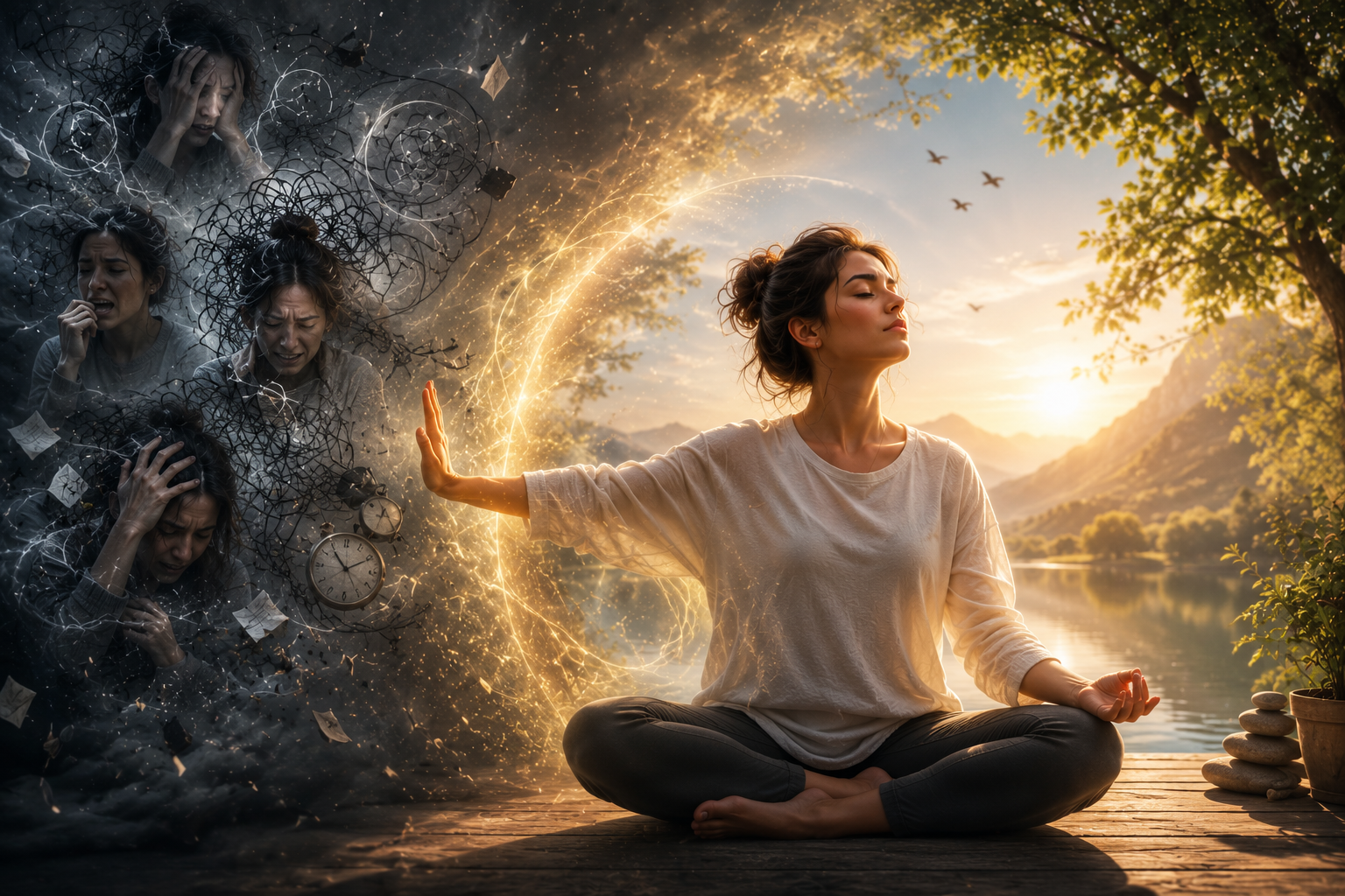 Person practicing relaxation techniques to stop anxiety thoughts and reduce stress naturally