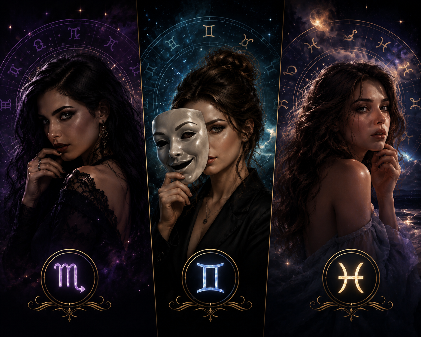 Dark celestial background featuring zodiac symbols representing personality traits and astrological characteristics.