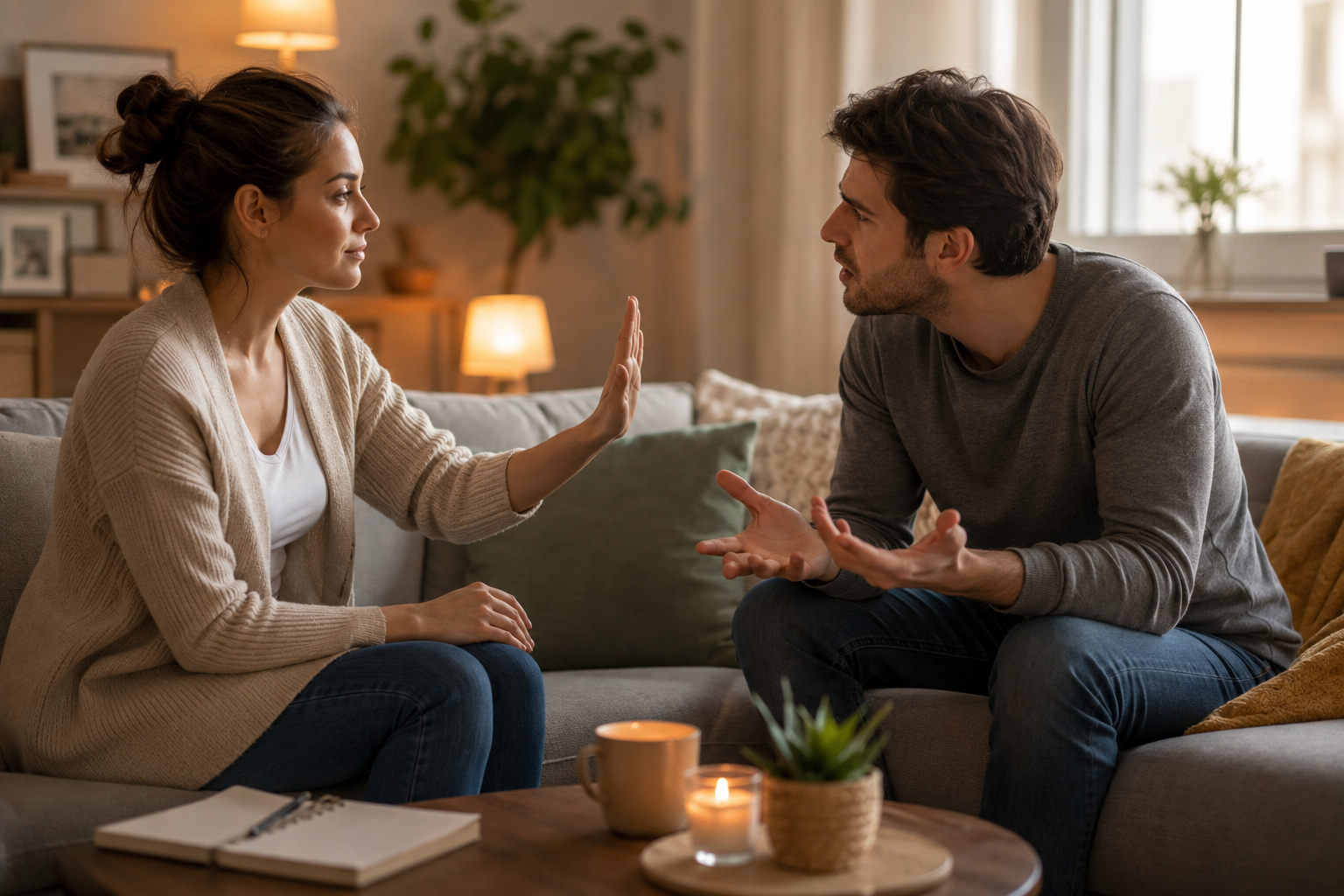 A married couple sits on a sofa during a serious conversation, with the woman remaining calm and composed while the man gestures expressively, illustrating communication challenges and conflict resolution in a relationship.