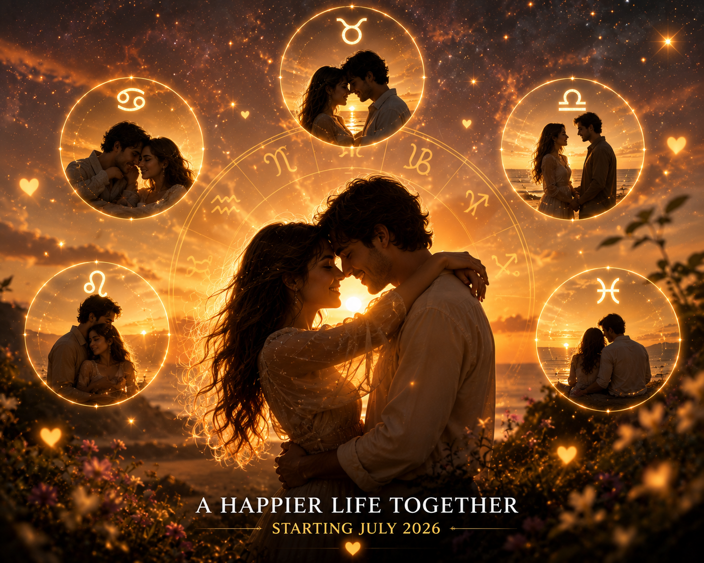 Romantic couple sharing a warm embrace beneath a glowing sunset and star-filled sky, symbolizing happiness, love, and positive new beginnings in July 2026.