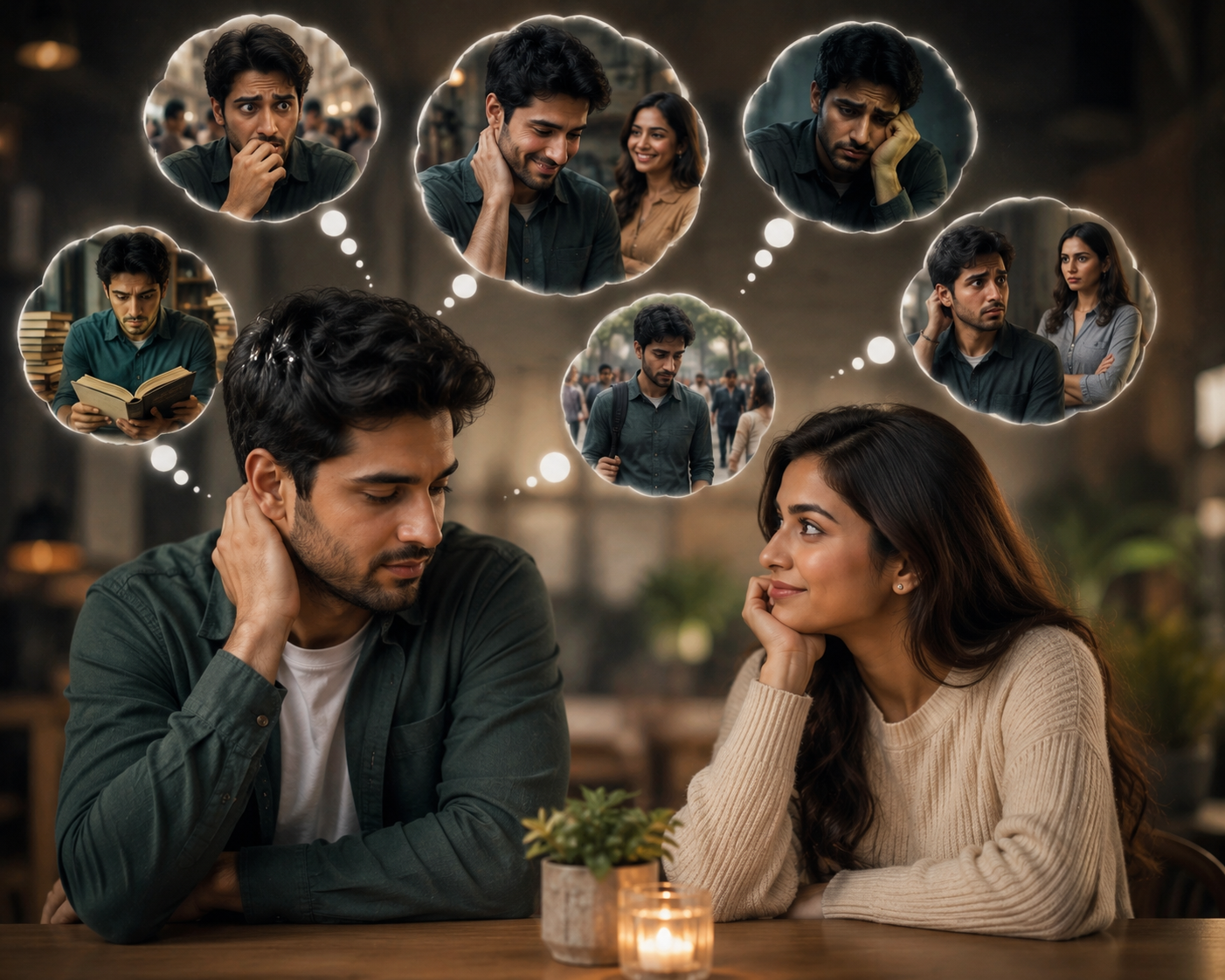 A shy man looking away while talking to a woman, representing nervousness, attraction, and body language signals.