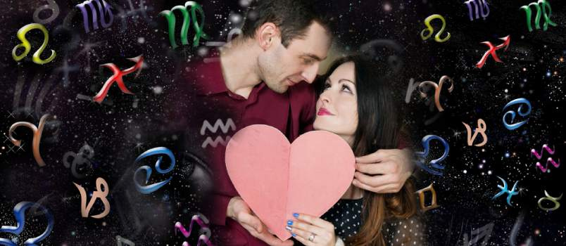 Romantic couples surrounded by glowing zodiac constellations and stars, symbolizing powerful love compatibility and intense chemistry.