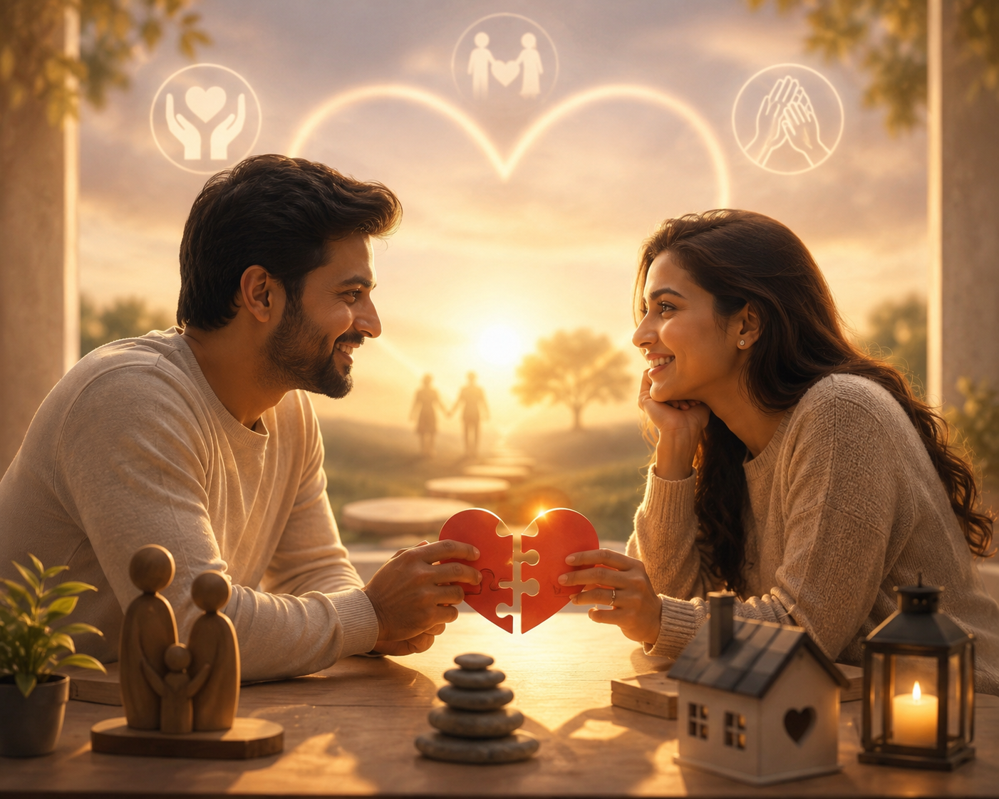 A smiling married couple enjoying a peaceful moment together, symbolizing love, positivity, and a healthy relationship.