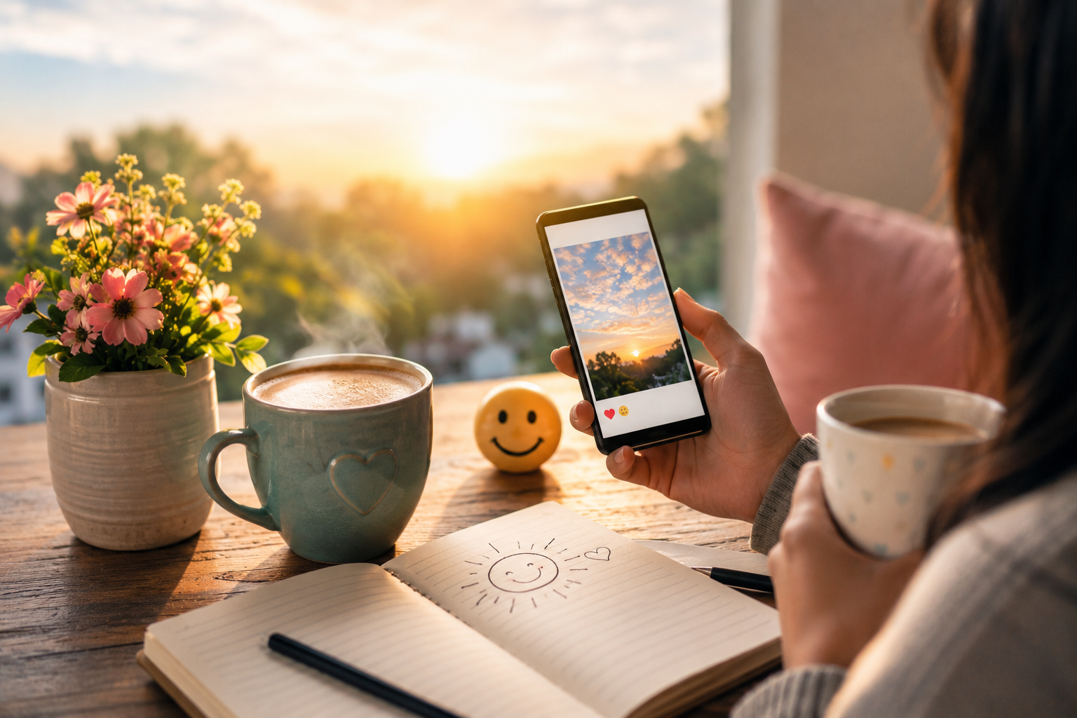 A cozy morning scene featuring a person holding a smartphone and a cup of coffee near a sunlit window, surrounded by flowers and warm sunrise light, symbolizing friendship, positivity, and thoughtful good morning messages.