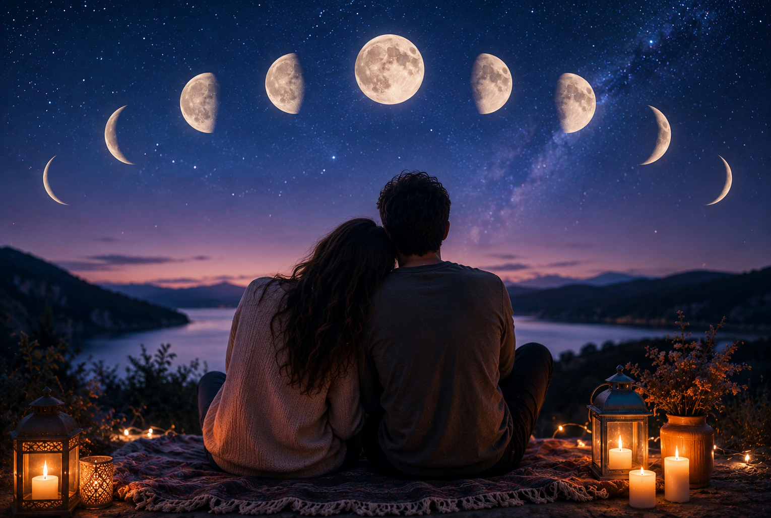 Illustration of the moon's phases against a starry sky, representing balance and personal growth in daily life.