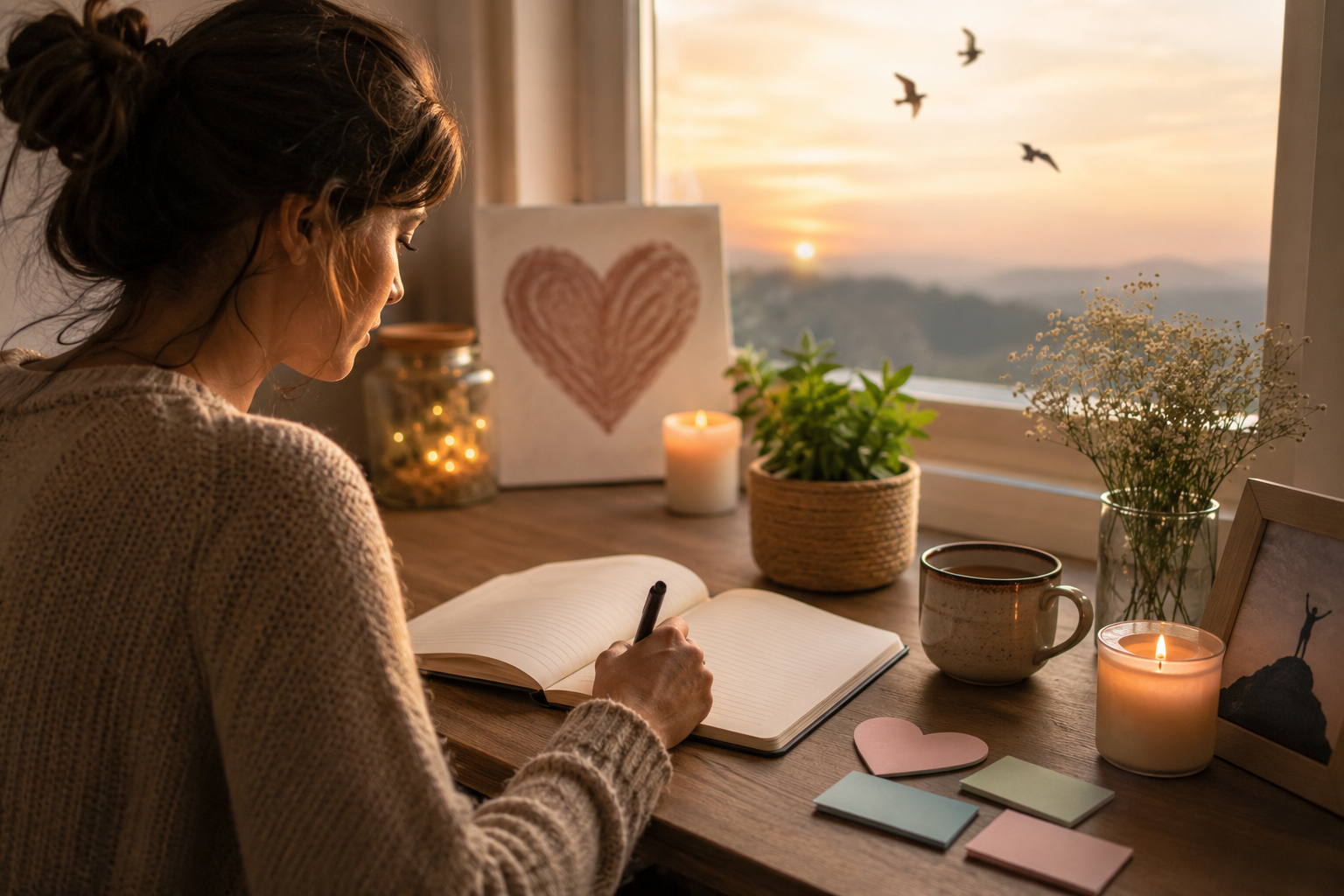 A young woman sits at a cozy desk by a sunlit window, writing in a journal surrounded by candles, plants, and a warm cup of tea, reflecting on healing and personal growth after emotional challenges.