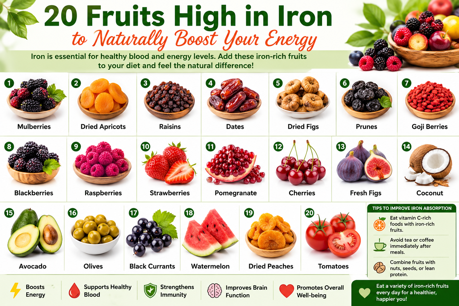 Fresh and dried iron-rich fruits including mulberries, dried apricots, raisins, dates, prunes, blackberries, strawberries, pomegranate, and figs displayed on a wooden table.