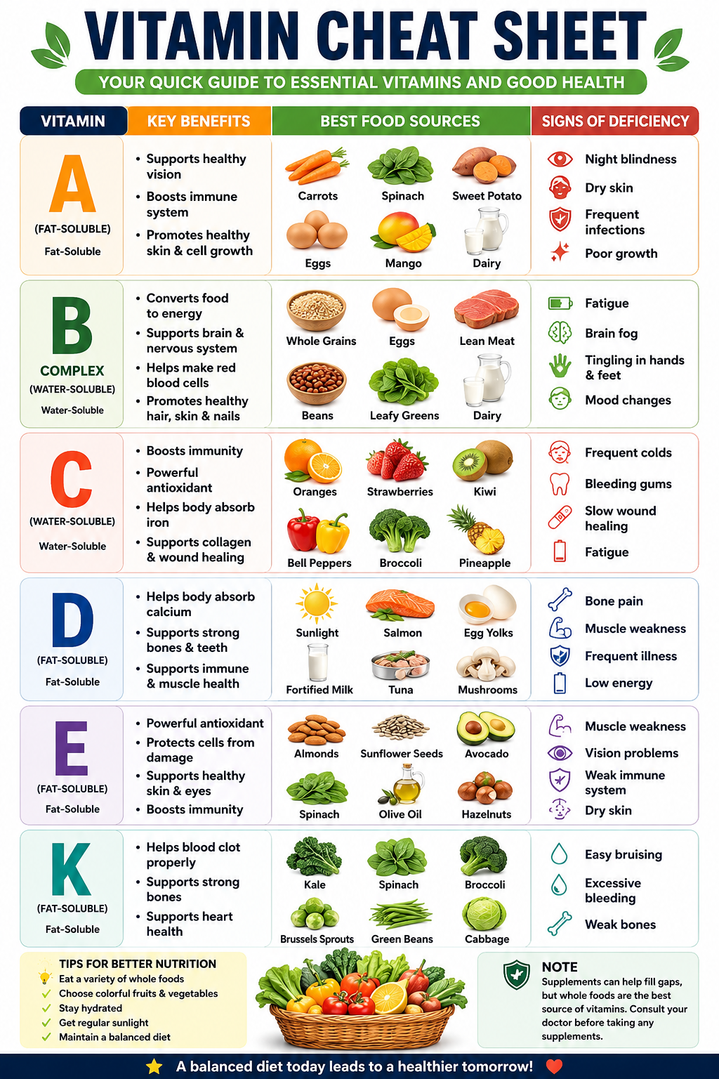 A colorful vitamin cheat sheet infographic showing vitamins A, B, C, D, E, and K with their health benefits, food sources, and deficiency symptoms.