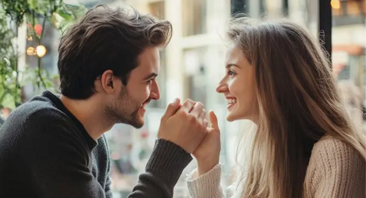 A happy couple smiling during a long-distance video call while discussing their future together and planning marriage.