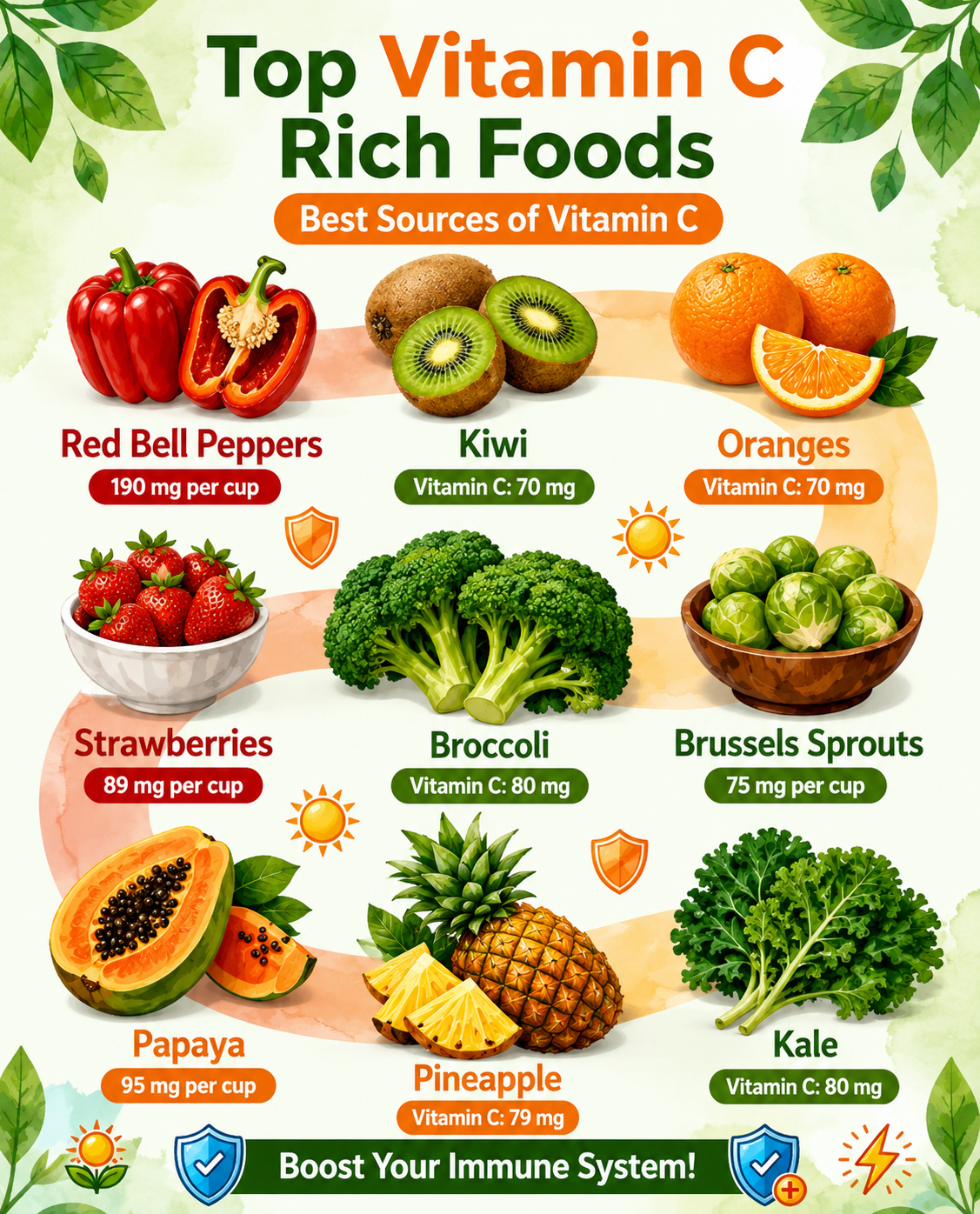 Colorful collection of vitamin C-rich fruits and vegetables including oranges, kiwi, strawberries, bell peppers, broccoli, and papaya.