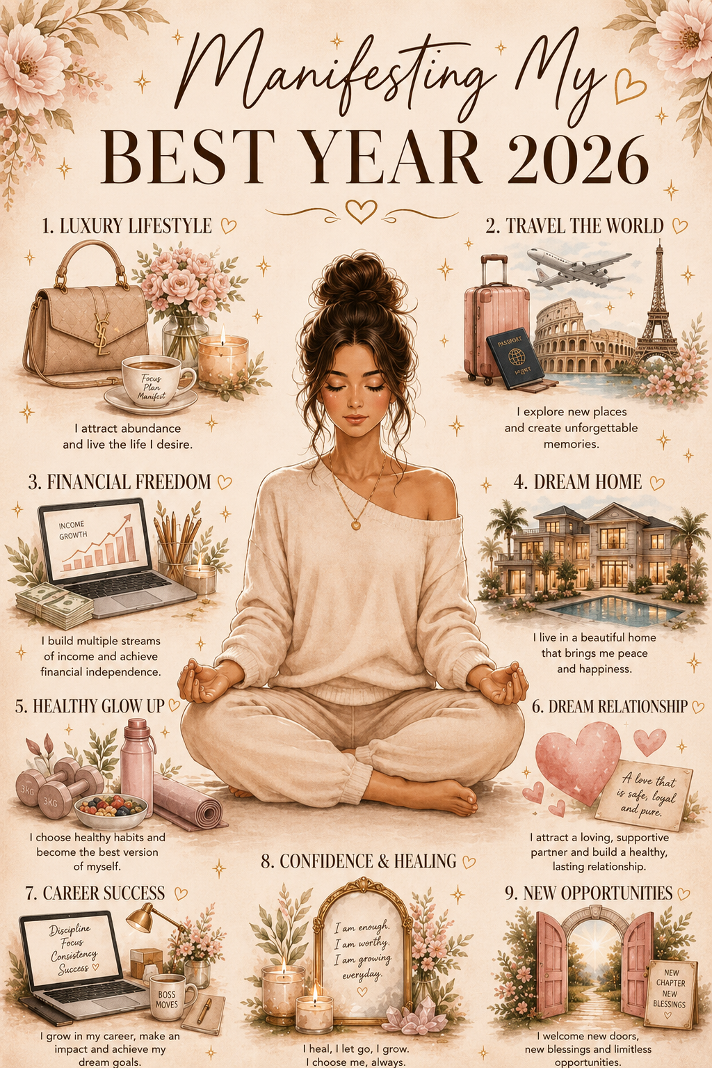 Vision board illustrating nine life goals for 2026, including financial freedom, travel, career success, confidence, health, dream home, relationships, and personal growth.