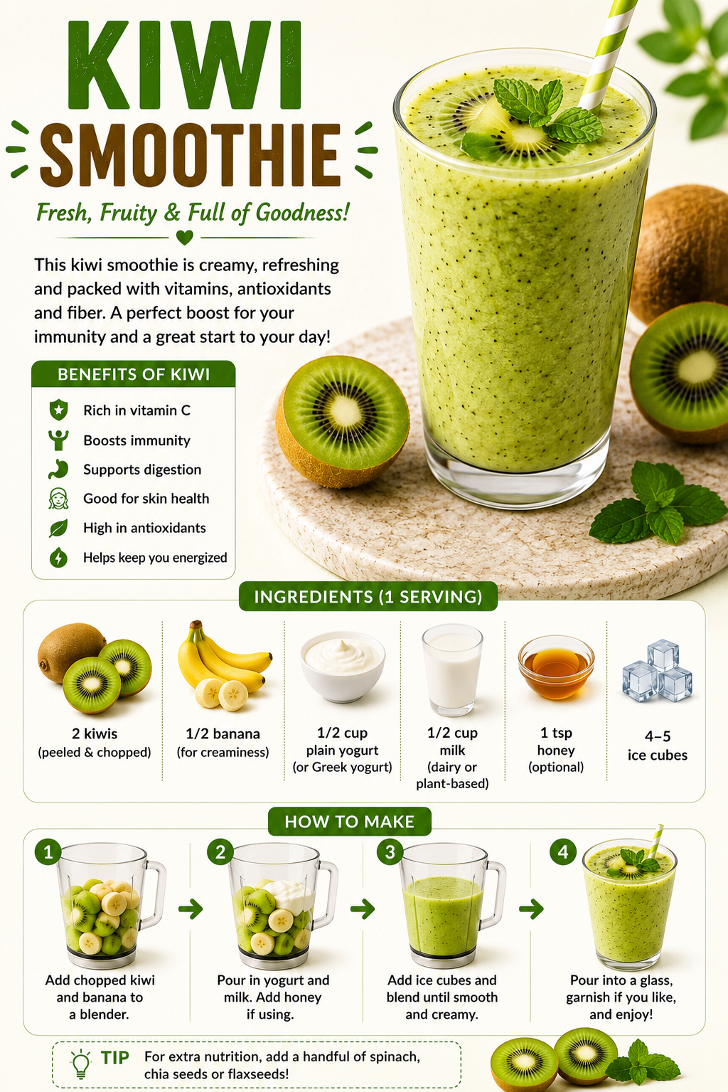A creamy green kiwi smoothie served in a glass with fresh kiwi slices, mint leaves, and healthy ingredients on a kitchen counter.