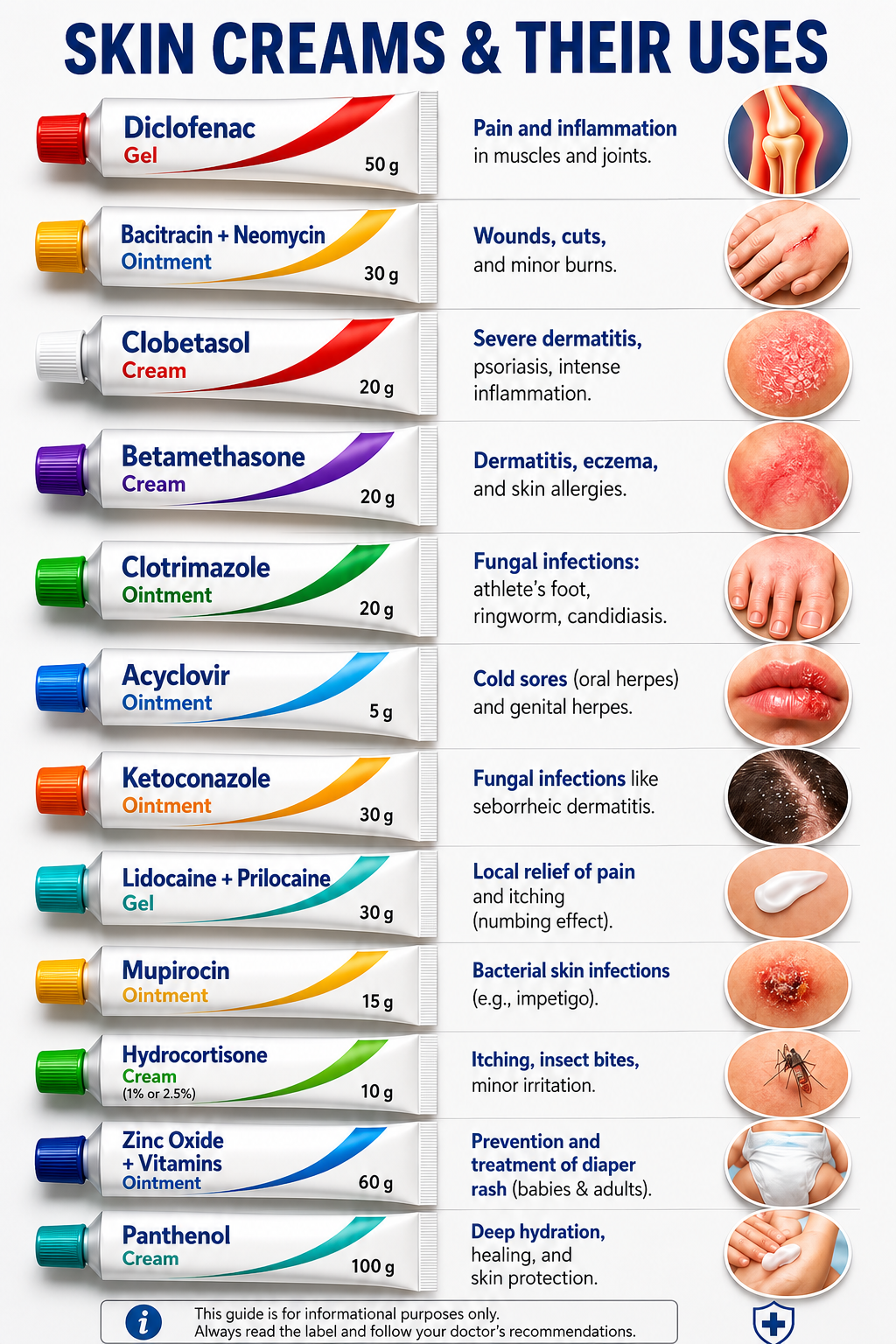 An educational chart showing common skin creams, ointments, and gels with their medical uses, including treatments for eczema, fungal infections, bacterial infections, pain relief, and wound care.