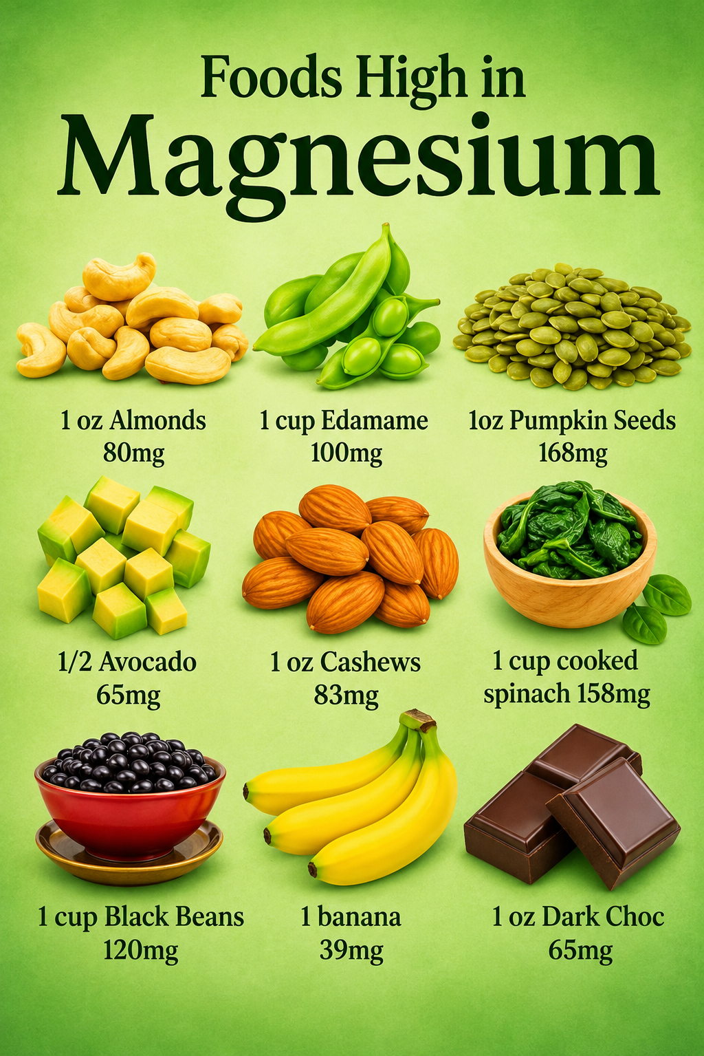 Foods High in Magnesium infographic featuring magnesium-rich foods including pumpkin seeds, spinach, black beans, edamame, almonds.