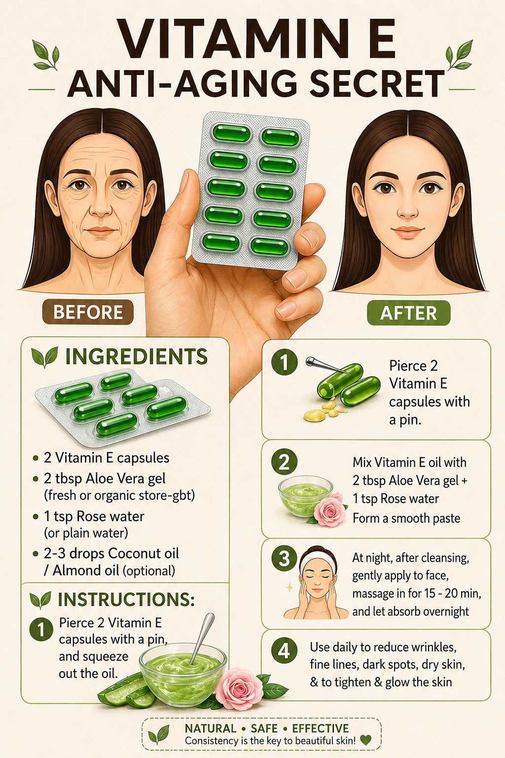 Vitamin E capsules, aloe vera gel, and a homemade face mask in a bowl, illustrating a simple DIY skincare treatment for healthy, hydrated skin.