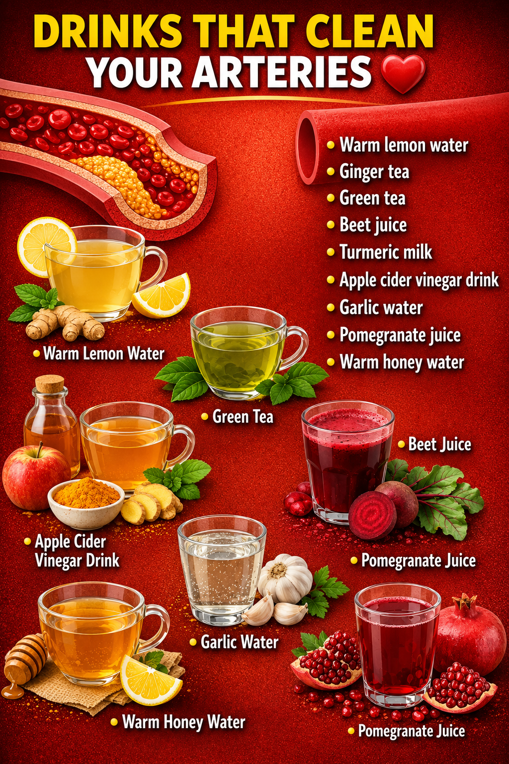 A variety of heart-healthy drinks including green tea, beet juice, pomegranate juice, lemon water, and ginger tea arranged with fresh fruits and herbs.