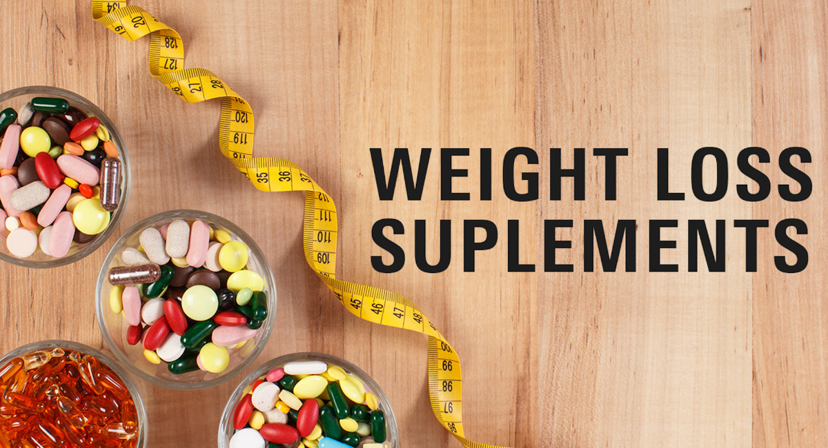 A collection of popular weight loss supplements, including protein powder, omega-3 capsules, magnesium, green tea extract, and berberine, displayed alongside healthy foods and a measuring tape.