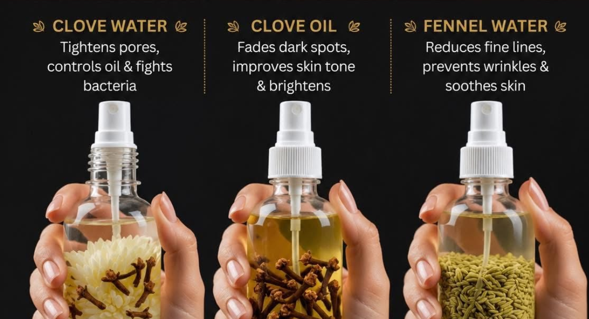 Three natural skincare remedies featuring clove water, clove oil, and fennel water with benefits for healthy, glowing skin.