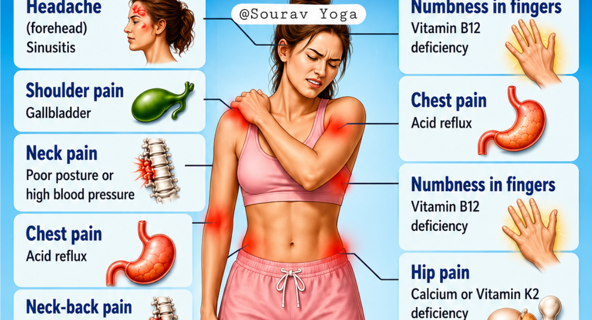 Illustration showing different body pain locations with possible causes, including headaches, shoulder pain, back pain, knee pain, leg cramps, and joint stiffness.