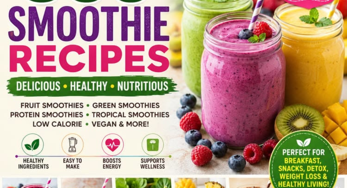 A colorful collection of healthy smoothies including berry, green, tropical, banana, protein, and low-calorie smoothies displayed in mason jars with fresh fruits.