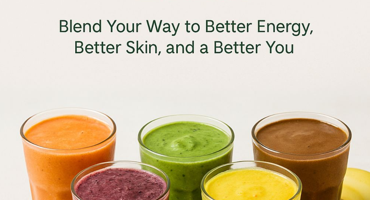 A collection of colorful homemade smoothies including berry, green, tropical, banana, and protein smoothies displayed in glasses with fresh fruits and healthy ingredients.