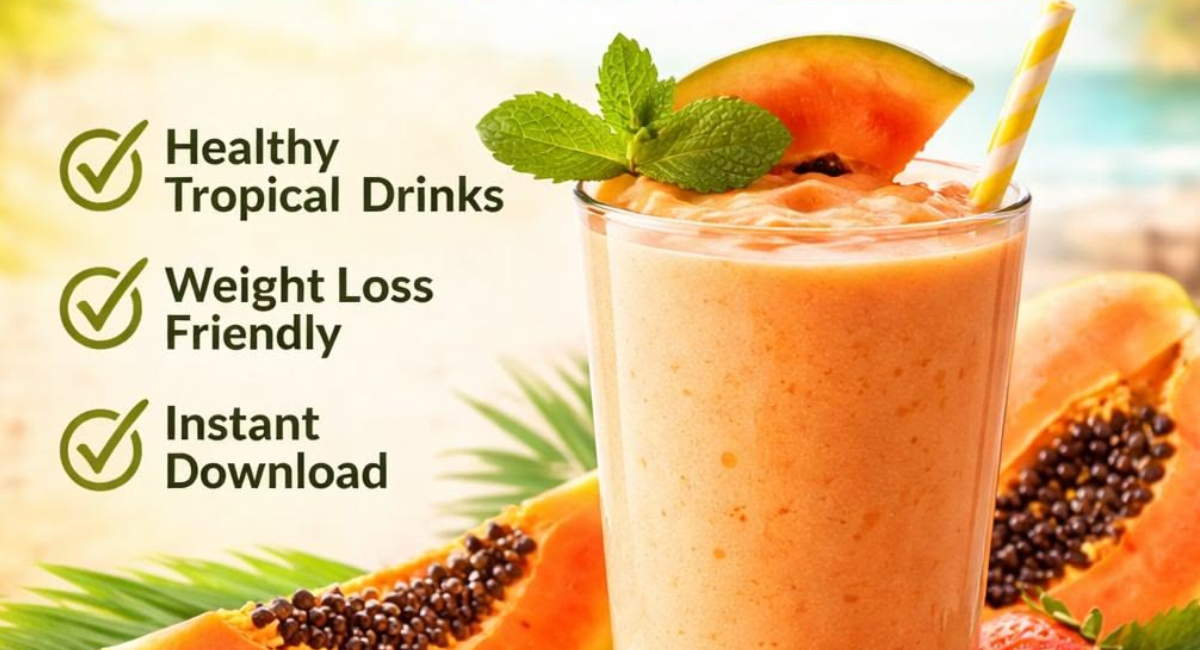 Fresh papaya smoothies made with tropical fruits, yogurt, and healthy ingredients served in glasses with sliced papaya and mint leaves.