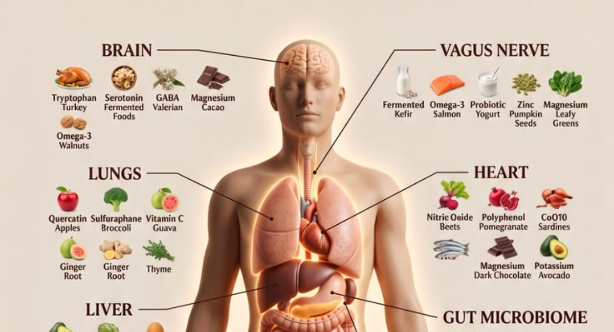 Illustration showing the connection between the gut, brain, and body with healthy foods, the digestive system, and wellness icons representing mental and physical health.