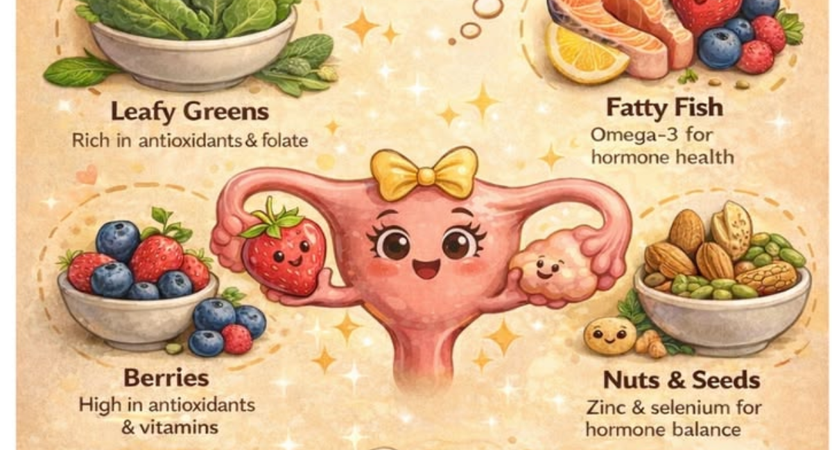 A colorful assortment of foods that support ovarian health, including berries, leafy greens, avocados, salmon, eggs, nuts, seeds, whole grains, and citrus fruits.