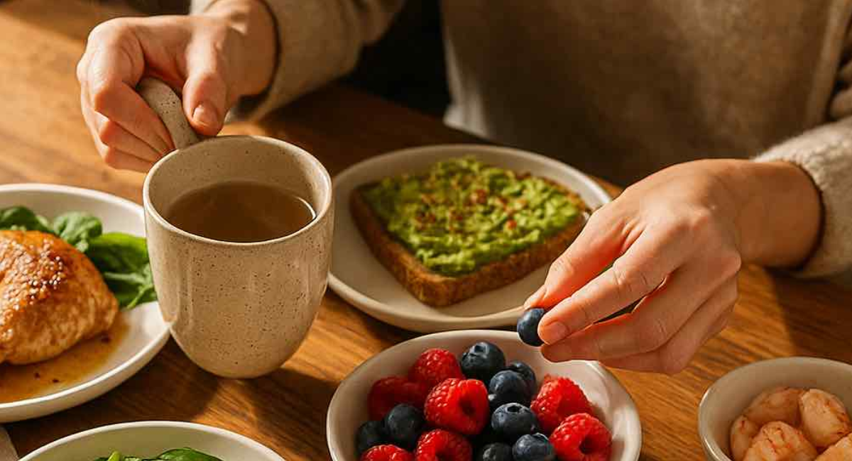 Healthy collagen-boosting foods including berries, citrus fruits, salmon, eggs, leafy greens, avocado, and nuts arranged on a wooden table.