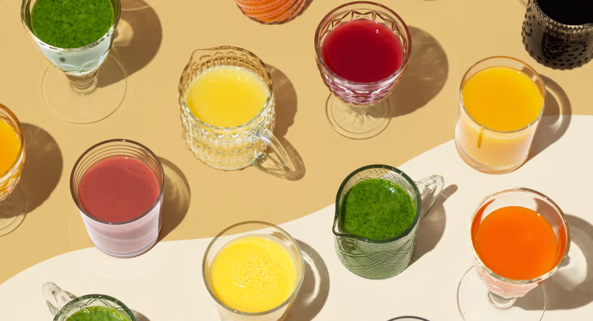 Three-day juice cleanse plan with green, citrus, berry, carrot, beetroot, and tropical juices made from fresh fruits and vegetables.