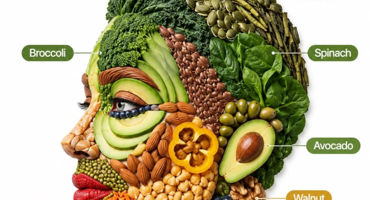 Illustration of a face made from healthy foods such as broccoli, spinach, avocado, salmon, blueberries, walnuts, carrots, raspberries, green tea, and seeds representing nutrition for glowing skin.