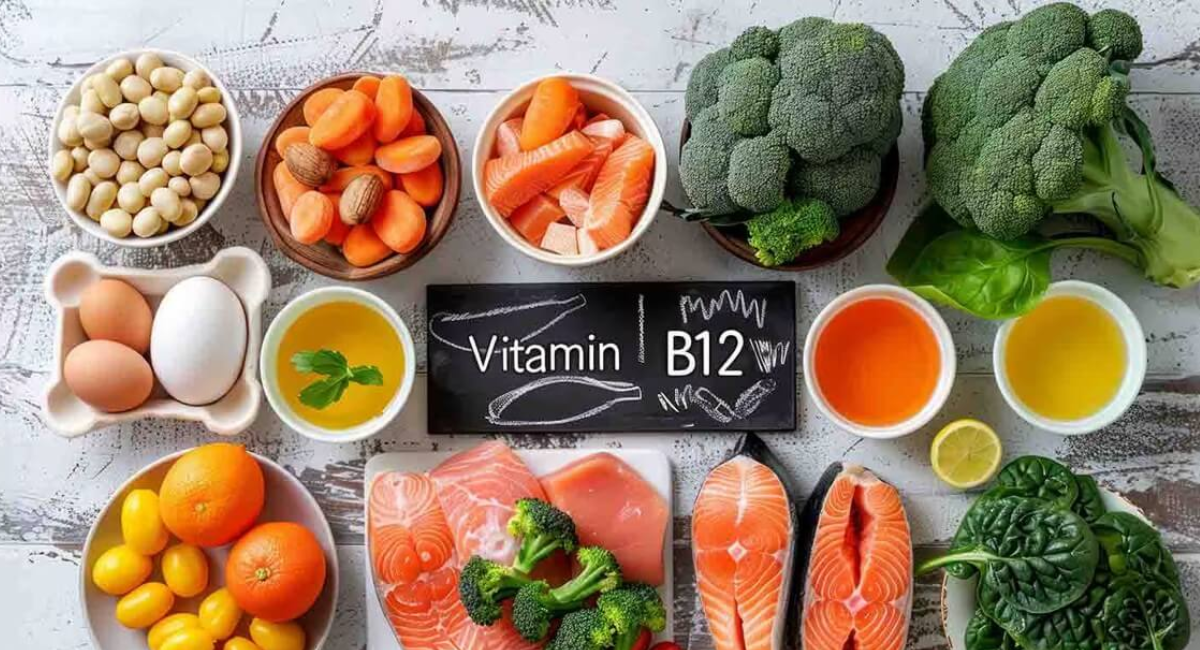 Vitamin B12 food sources featuring clams, tuna, sardines, salmon, milk, cheese, and eggs for brain health, nerve function, and red blood cell production.