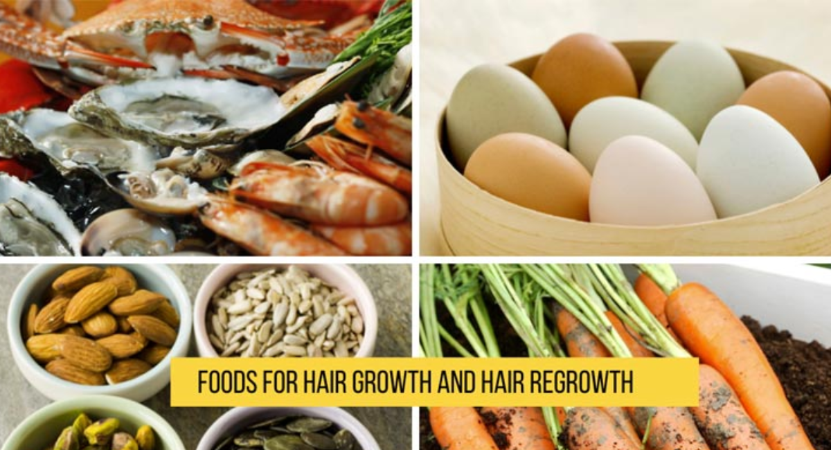 A collection of hair-friendly foods including eggs, salmon, spinach, berries, avocado, nuts, and seeds alongside healthy hair care essentials.