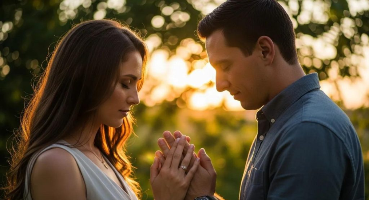 A couple holding hands and praying together at home, strengthening their relationship through faith and shared spiritual habits.