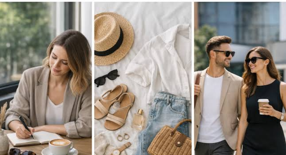 A stylish woman organizing a wardrobe filled with timeless clothing, classic accessories, and versatile fashion essentials.