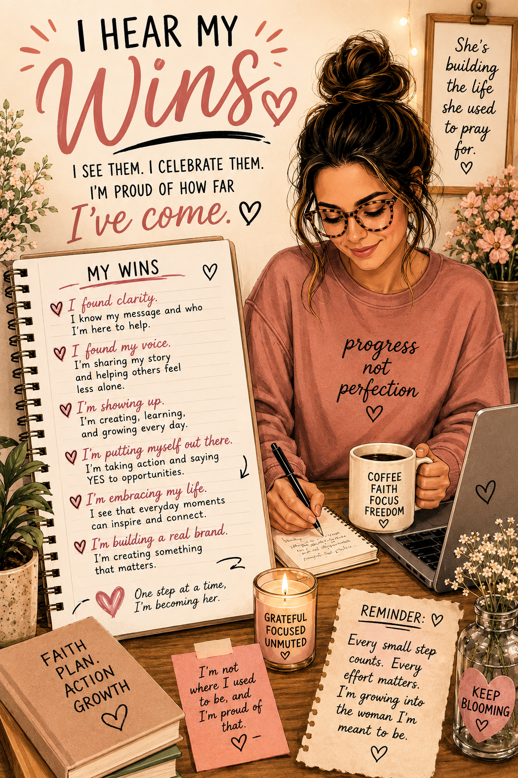 A person reflecting on personal achievements with a journal, symbolizing self-growth, confidence, gratitude, and celebrating progress.